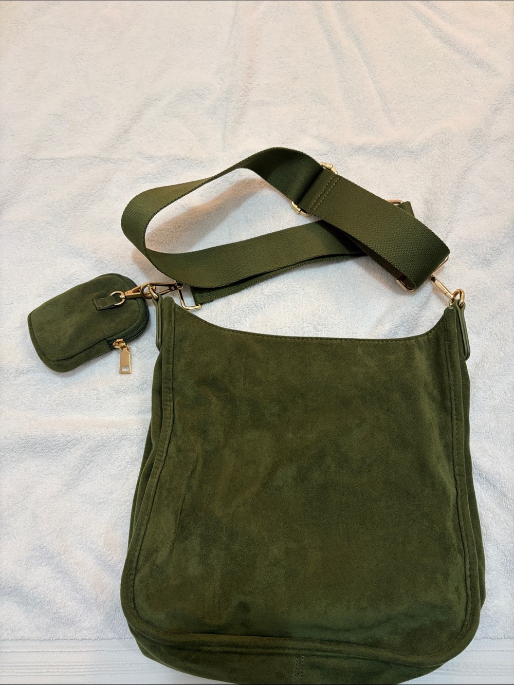 Olive Green Suede Cross Body Bag with Detachable Pouch